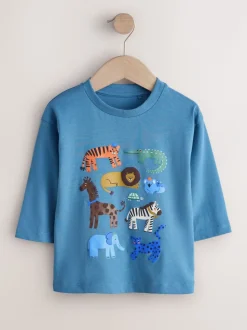 Animaux de safari bleus - T-shirt imprimé graphique à manches longues (3mois-8ans)