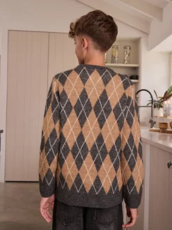 Argyle Gris anthracite/Marron fauve - Tireur de col rond tricoté (3-16yrs)