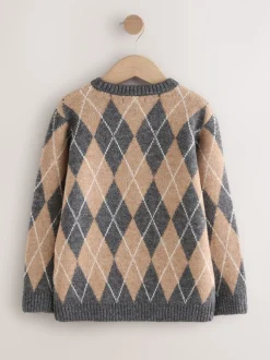 Argyle Gris anthracite/Marron fauve - Tireur de col rond tricoté (3-16yrs)