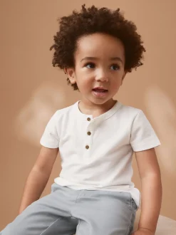 Blanc - Manches courtes  Henleys T-shirt à col rond (3mths-7yrs)