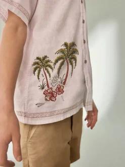 Blanc imprimé palmiers - Chemise à manches courtes avec col Revere (3-16ans)