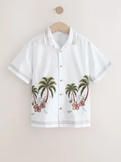 Blanc imprimé palmiers - Chemise à manches courtes avec col Revere (3-16ans)