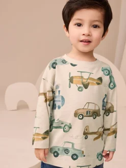 Blanc motif transport - T-shirt imprimé manches longues 100% coton (3mois-7ans)