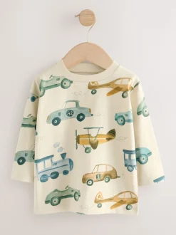Blanc motif transport - T-shirt imprimé manches longues 100% coton (3mois-7ans)