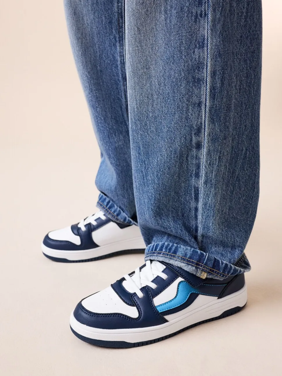 Blanc/Bleu - Baskets à lacets élastiques à fermeture tactile