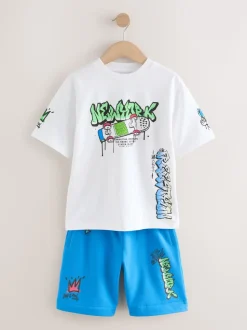 Blanc/Bleu Graffiti - Ensemble décontracté T-shirt et short Manches courtes (3-16ans)