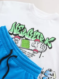 Blanc/Bleu Graffiti - Ensemble décontracté T-shirt et short Manches courtes (3-16ans)