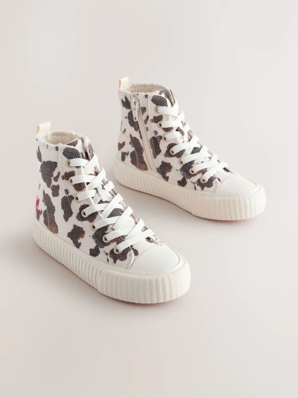 Blanc/marron imprimé vache - À lacets High Top Trainers