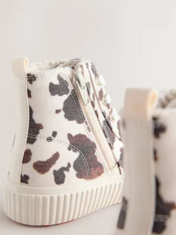 Blanc/marron imprimé vache - À lacets High Top Trainers
