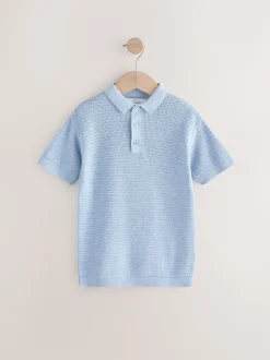 Bleu - 100% Coton Texturé Manches courtes Polos tricotés (3-16ans) (3-16ans)