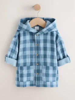 Bleu - Chemise à manches longues à carreaux à capuche (3mois -7ans)