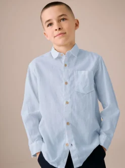 Bleu - Chemise manches longues 100% lin (3-16ans)