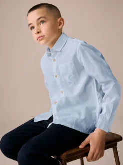 Bleu - Chemise manches longues 100% lin (3-16ans)