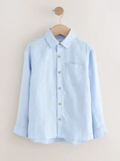 Bleu - Chemise manches longues 100% lin (3-16ans)