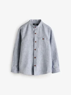 Bleu - Chemise texturée en coton et lin à manches longues et col grand-père (3-16ans)