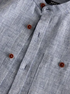 Bleu - Chemise texturée en coton et lin à manches longues et col grand-père (3-16ans)