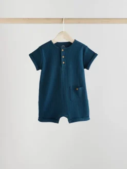 Bleu - Lot de 4 barboteuses à col boutonné grand-père pour bébé