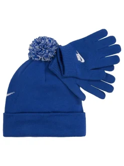 Bleu - Nike ensemble bonnet et gants à pompons Swoosh