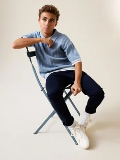 Bleu - Polo en maille à col boutonné (3-16ans)