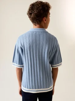 Bleu - Polo en maille à col boutonné (3-16ans)