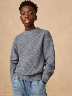 Bleu - Pull texturé en maille à col rond (3-16ans)