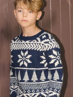 Bleu - The Little Tailor pull de Noël en jacquard bicolore épais pour enfant