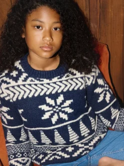 Bleu - The Little Tailor pull de Noël en jacquard bicolore épais pour enfant