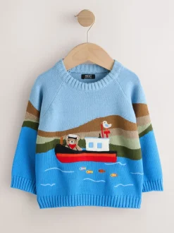 Bleu avec bateaux - Pull col rond en maille (3mois-7ans)