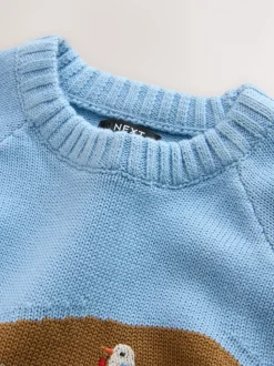 Bleu avec bateaux - Pull col rond en maille (3mois-7ans)