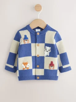 Bleu brodé à damier Character - Cardigan tricoté pour bébé (0mths-2yrs)