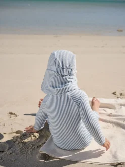Bleu clair - Ensemble maillot de bain et chapeau anti-soleil rayé (3mois-7ans)