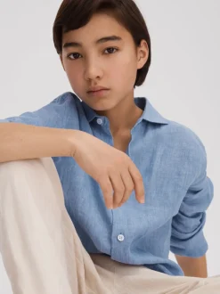 Bleu de ciel - Chemise Reiss Ruban en lin à col coupé