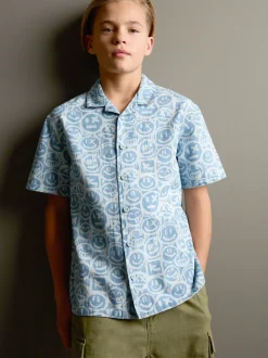 Bleu Face AOP - Chemise imprimée à manches courtes 100% coton Revere (3-16ans)