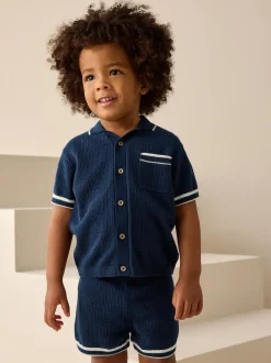 Bleu marine - Ensemble polos et shorts texturés en maille à col révéré (3mois-10ans)