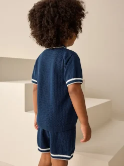 Bleu marine - Ensemble polos et shorts texturés en maille à col révéré (3mois-10ans)