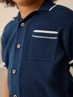 Bleu marine - Ensemble polos et shorts texturés en maille à col révéré (3mois-10ans)