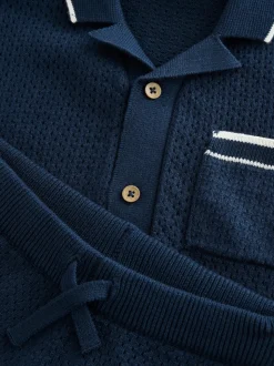 Bleu marine - Ensemble polos et shorts texturés en maille à col révéré (3mois-10ans)