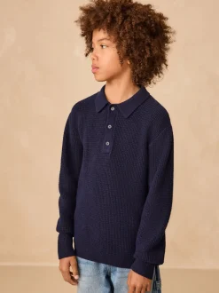 Bleu marine - Polo en maille à col boutonné (3-16ans)
