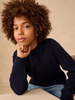 Bleu marine - Polo en maille à col boutonné (3-16ans)