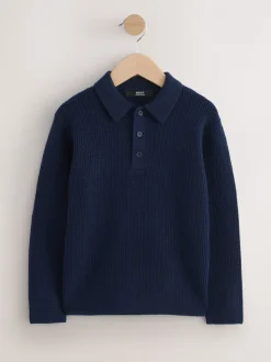 Bleu marine - Polo en maille à col boutonné (3-16ans)