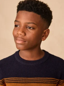 Bleu marine - Pull color block rayé en maille à col ras du cou (3-16ans)