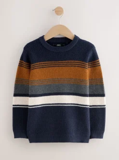 Bleu marine - Pull color block rayé en maille à col ras du cou (3-16ans)