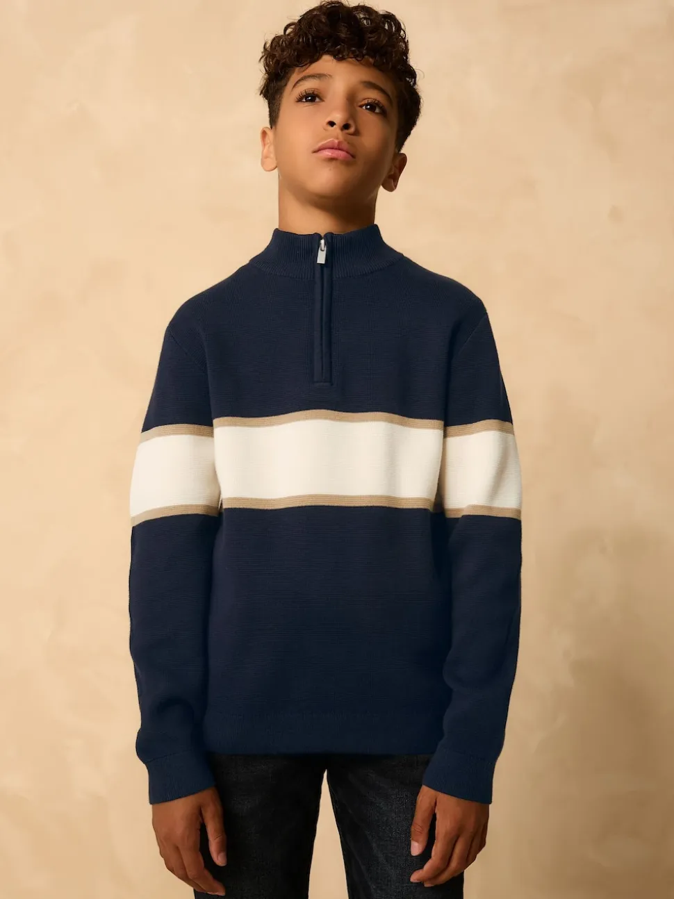 Bleu marine - Pull colorblock en maille à col zippé (3-16ans)