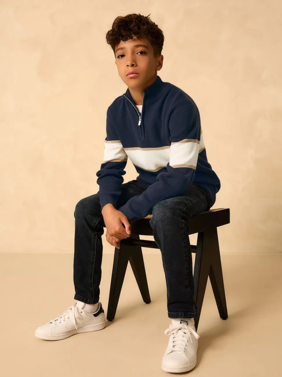 Bleu marine - Pull colorblock en maille à col zippé (3-16ans)