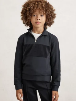 Bleu marine - Reiss Selin Coupe ajustée Half-Zip Col cheminée Velour Sweat-shirt