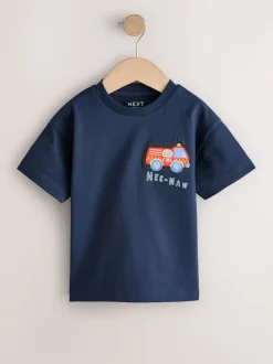 Bleu marine avec camion de pompier - T-shirt appliqué Manches courtes (3mths-7yrs)