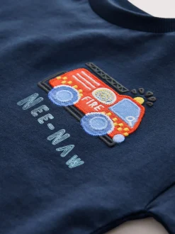 Bleu marine avec camion de pompier - T-shirt appliqué Manches courtes (3mths-7yrs)