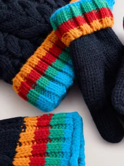 Bleu marine avec côte arc-en-ciel - Ensemble chapeau, écharpe et gants 3 pièces (3-16ans)