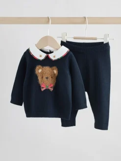 Bleu marine motif ours - Ensemble pull et legging en maille bébé (0mois-3ans)