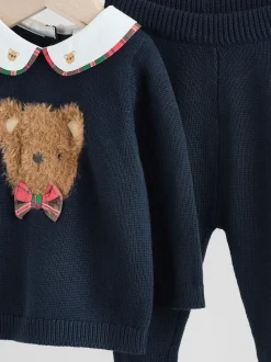 Bleu marine motif ours - Ensemble pull et legging en maille bébé (0mois-3ans)